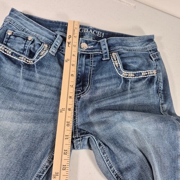 Grace In LA Blue Denim Jeans Distressed Raw Hem Embroidered Pockets Mid Rise 28 - Picture 4 of 7